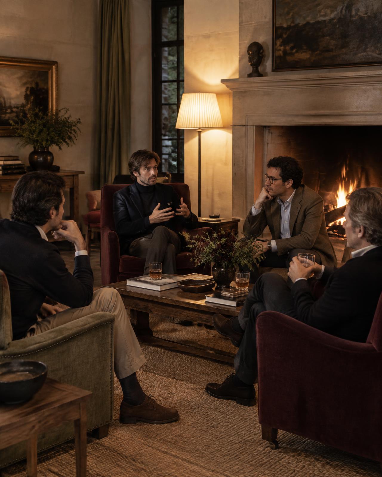 Founders talking beside a fire